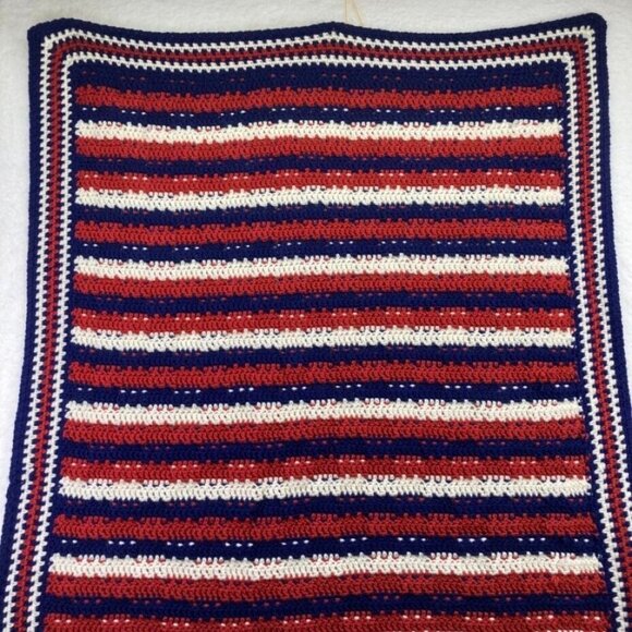 Vintage Crocheted Afghan 54" x 38"Throw Blanket Patriotic Red White Blue - Picture 8 of 11